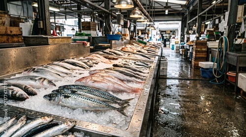 Fresh raw fish on ice display at a local seafood market stall for sale.