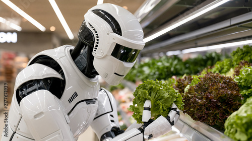 White humanoid robot picking fresh green lettuce from a grocery store shelf, advanced technology automation in a supermarket retail environment, artificial intelligence future lifestyle