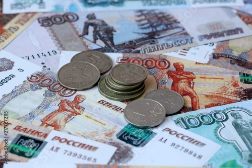 Bild auf Leinwand Russian rubles old money banknotes and coins on table