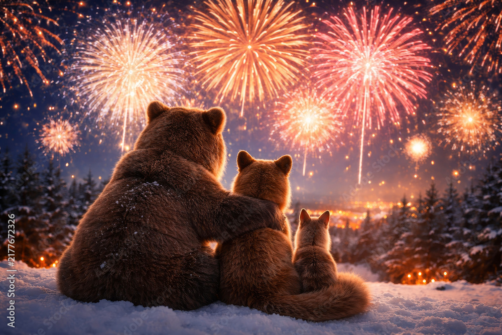 Obraz premium Animal family watching colorful New Year fireworks in snowy winter forest. Bear, cub, fox friends celebrating Christmas holiday night together. festive joy, seasonal winter celebration