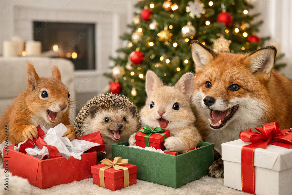 Obraz premium Cute christmas animals friends or family opening gift boxes in cozy holiday home with decorated tree and fireplace. holiday celebration, winter festivities, joyful pets, adorable christmas moment