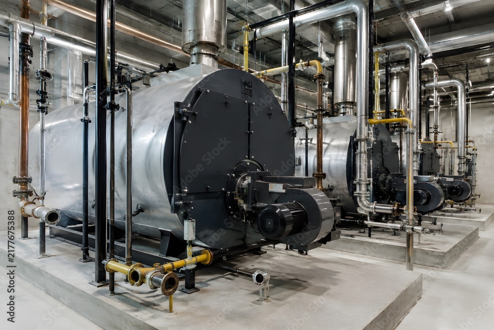 Fototapeta premium Industrial Boiler Installation Room with Unfinished Pipe Connections Around Large Mechanical Units on Concrete Foundations