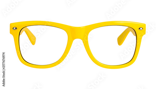 Yellow eyeglasses spectacles accessory for vision correction or fashion style featuring thick plastic frame design 