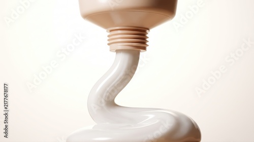 Smooth white cosmetic cream with luxurious texture extrudes from a neutral beige tube. This premium skincare product signifies gentle application and high-quality beauty benefits.