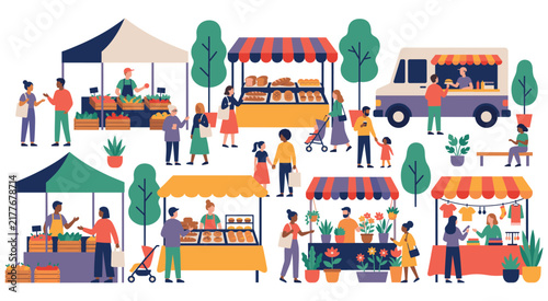 Local farmers market with food stalls and diverse people.