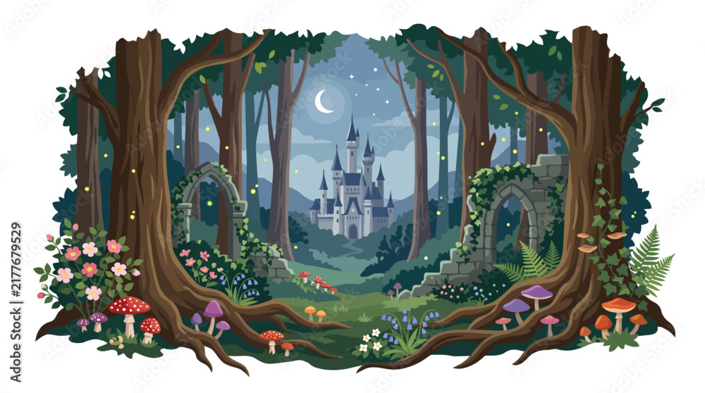 Obraz premium Mystical Enchanted Forest with Hidden Fantasy Castle Ancient Trees Mushrooms Ivy Ruins and Magical Fireflies, Watercolor Vector Illustration