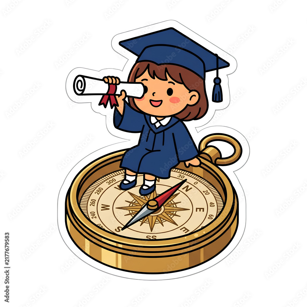 Obraz premium Cute Chibi Girl Graduate Sitting on Giant Brass Compass