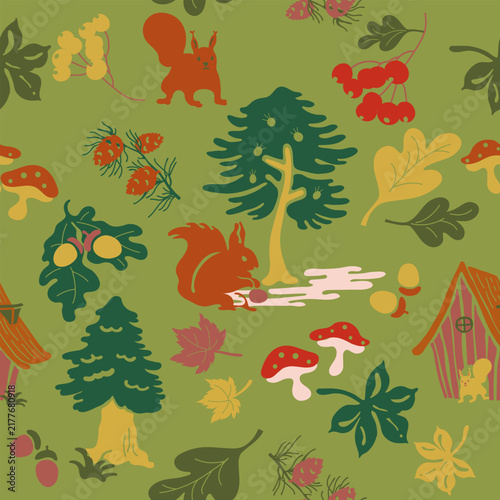 Seamless Autumn Pattern with Fall Leaves and Seasonal Botanical Elements