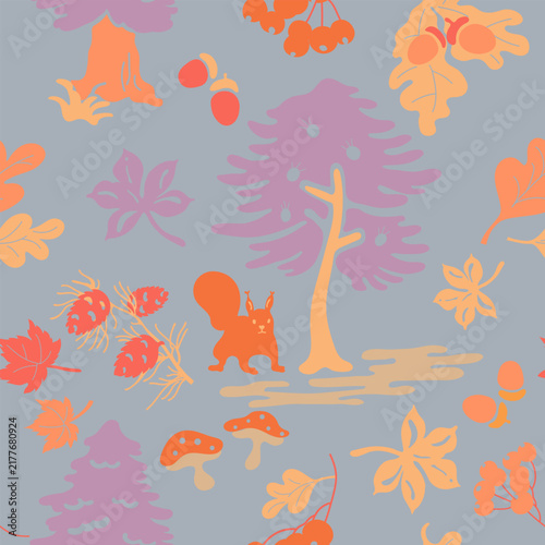 Seamless Autumn Pattern with Fall Leaves and Seasonal Botanical Elements