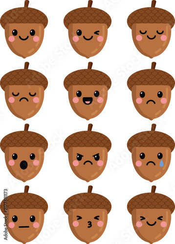 Kawaii Autumn Acorn Emoji Character Set
