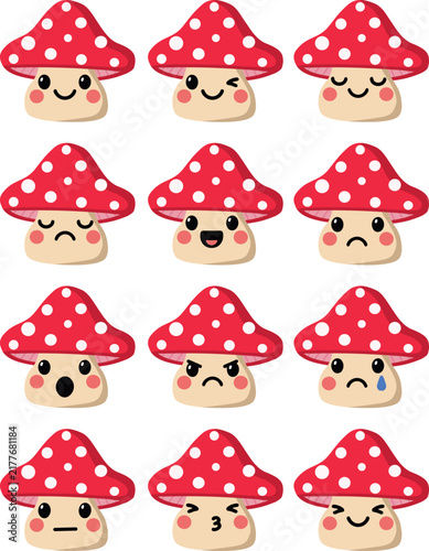 Cute Mushroom Amanita Emoji Character Set