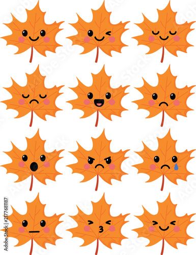 Kawaii Autumn Maple Leaf Emoji Character Set