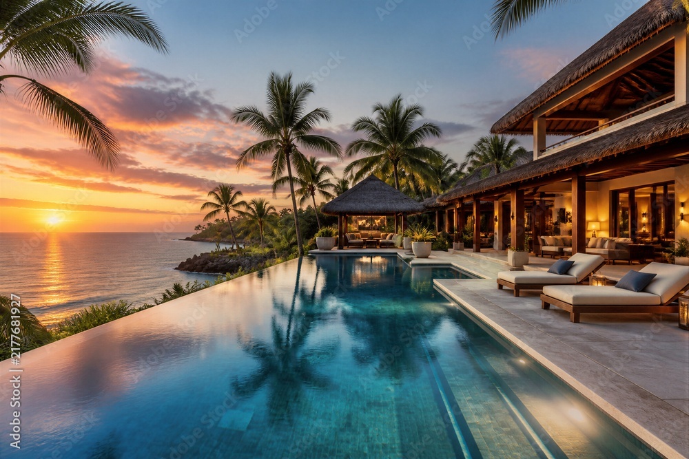 Fototapeta premium Infinity pool overlooking ocean sunset at tropical villa