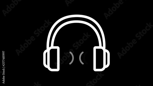 Animated white headphones with sound waves on a black background. Minimalist motion graphic representing music, audio, listening, and entertainment.