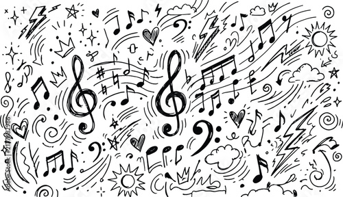 Hand drawn doodle music notes and musical symbols pattern background with treble clef bass clef sketchy music melody symbo
