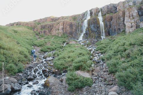 Bild auf Leinwand Búðareyrarfoss Cascade Flowing Over Basalt Cliffs in Lush Green Gorge at Seyðisf