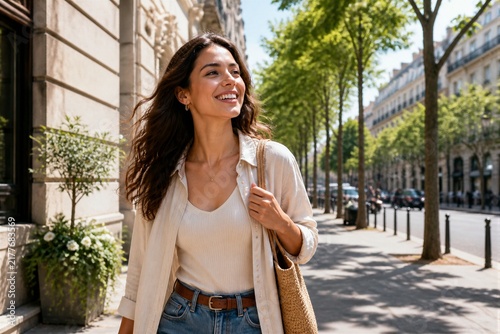 Woman smiling walking along tree lined urban avenue