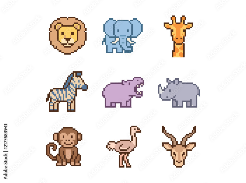 Fototapeta premium Safari Animal Pixel Art Icon Set on White Background
