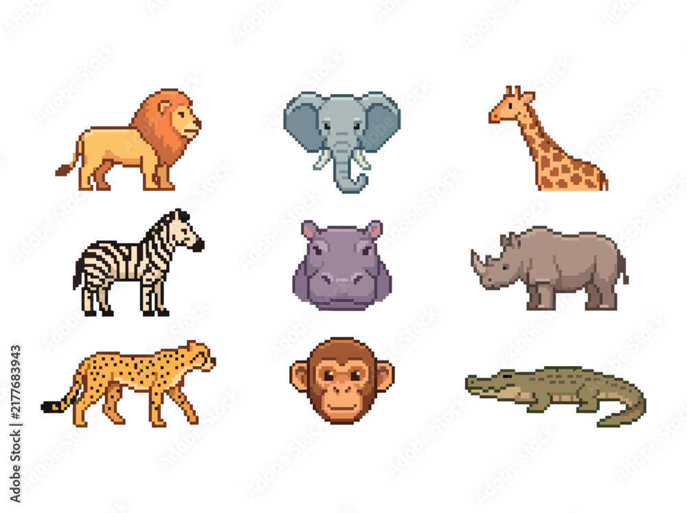 Naklejka premium Safari Animal Pixel Art Icon Set on White Background