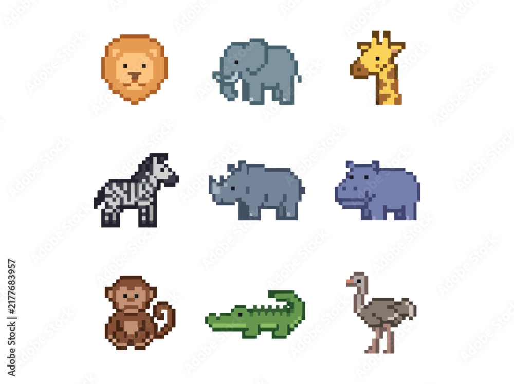 Naklejka premium Pixel Art Safari Animals Icon Set Vector Illustration on White Background