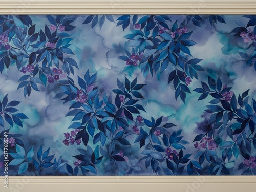 Abstract blue floral painting with purple accents on canvas