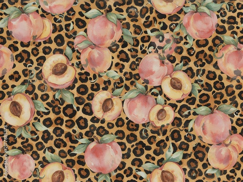 Seamless pattern of peaches and leaves on leopard print background