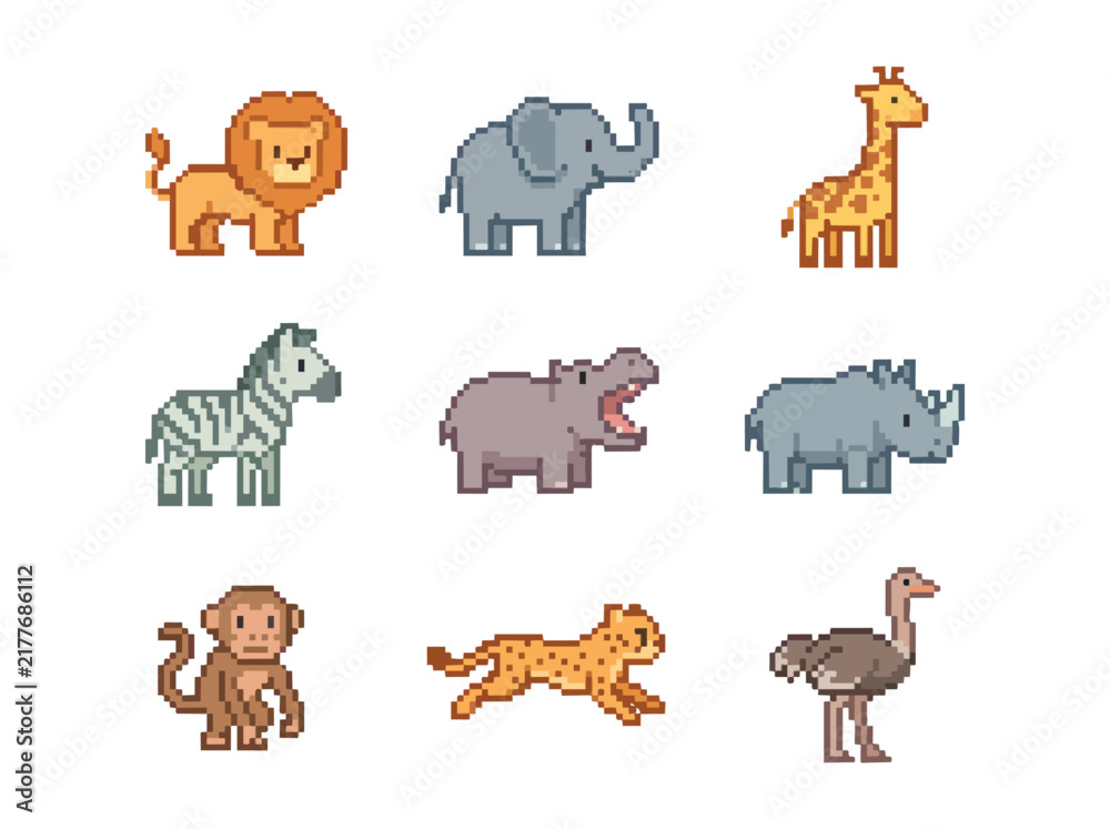 Fototapeta premium Safari Animal Pixel Art Icon Set on White Background