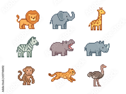 Safari Animal Pixel Art Icon Set on White Background