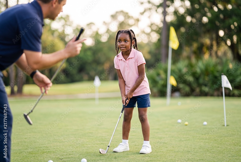Obraz premium Young Girl Receiving Golf Instruction from Coach on Putting Green at Practice Facility