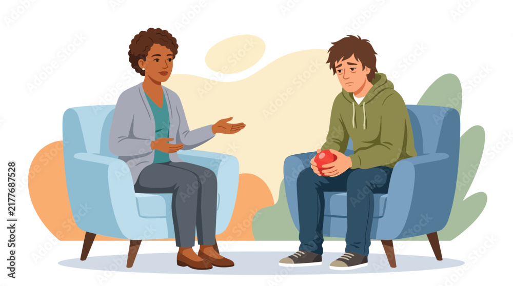 Fototapeta premium Psychologist counsels worried teenager holding red stress ball in cozy therapy session, vector illustration