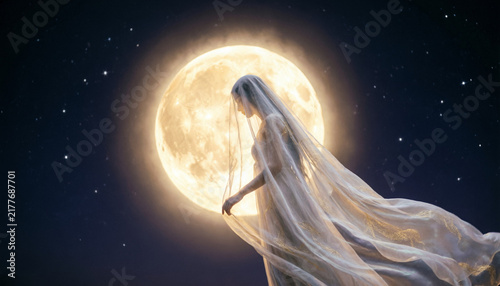 Woman in flowing veil standing before a giant full moon
