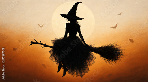 Witch silhouette flying on a broomstick against a full moon
