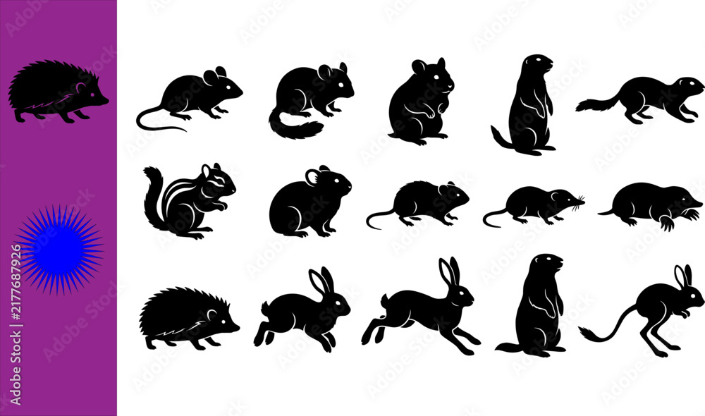 Obraz premium Collection of fifteen black small mammal rodent silhouettes featuring hedgehog mouse hamster chinchilla prairie dog ferret chipmunk guinea pig rat mole platypus rabbits marmot jerboa