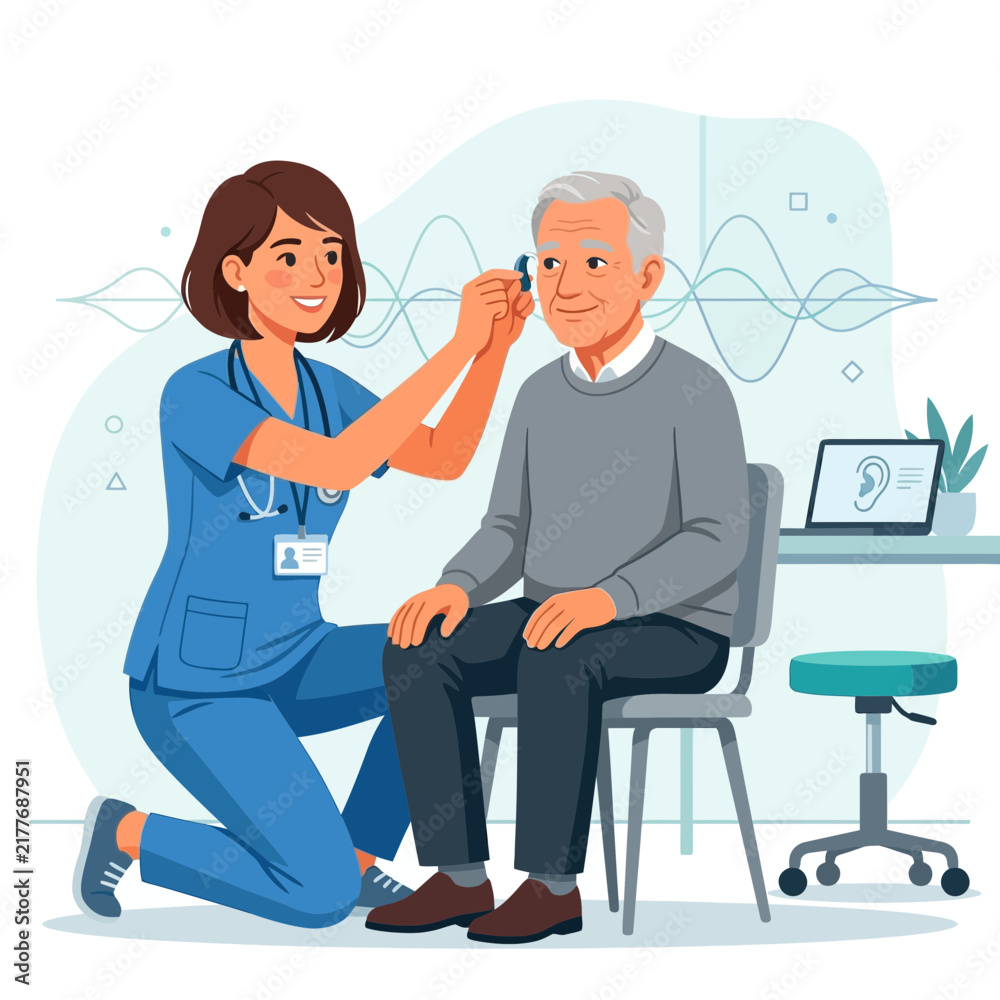 Fototapeta premium Audiologist Attends to Elderly Patient, Adjusting Hearing Aid During Medical Examination