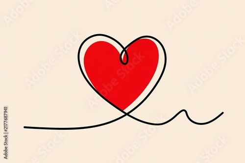 Minimalist red heart shape with continuous black line and white background for valentine's day greeting card design or love symbol.