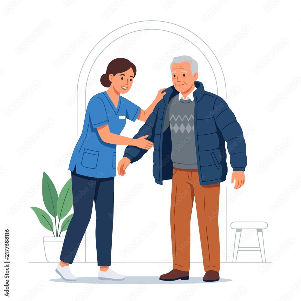 Obraz premium Caring nurse helps elderly man put on jacket, promoting dignity and independence in elder care.