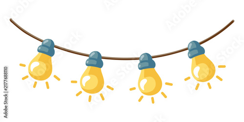 Glowing string lights with four yellow bulbs on curved brown cord. Cartoon vector illustration on white background. 