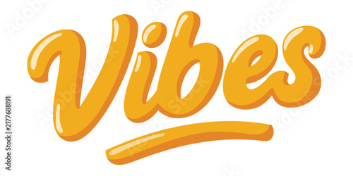 Yellow Vibes lettering with orange shadow and curved underline. Cartoon vector illustration on white background. 