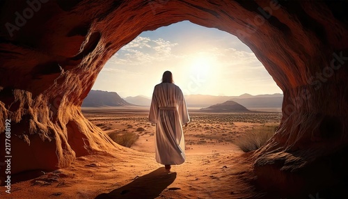 A figure in a white robe walking out of a cave into a vast desert landscape at sunrise.