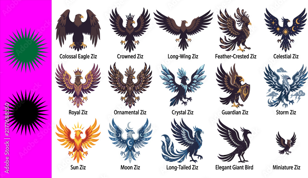 Obraz premium Collection of fifteen fantasy Ziz eagle illustrations featuring crowned celestial royal crystal sun moon designs on white background with magenta banner and green black starbursts