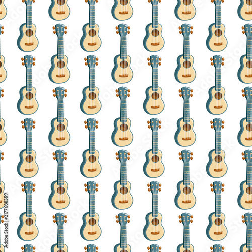 Seamless pattern with acoustic ukuleles arranged in vertical rows on white background. Camping music print. 