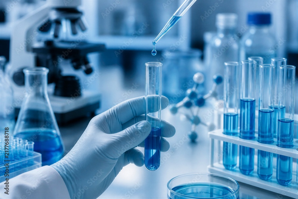 Fototapeta premium Scientist pipetting blue solution into test tube in laboratory
