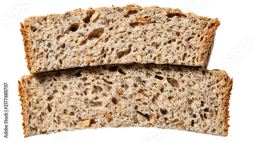 Bild auf Leinwand Isolated fresh baked whole grain bread slices with various seeds for healthy eat