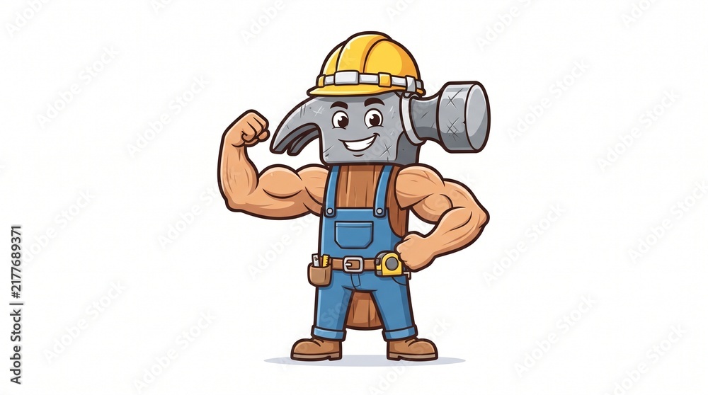 Fototapeta premium Strong cartoon hammer character wearing a yellow hard hat and blue overalls
