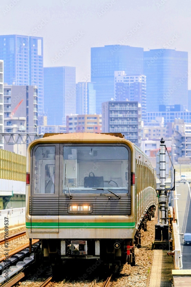 Fototapeta premium 高層ビル群を背景に高架線を走る電車