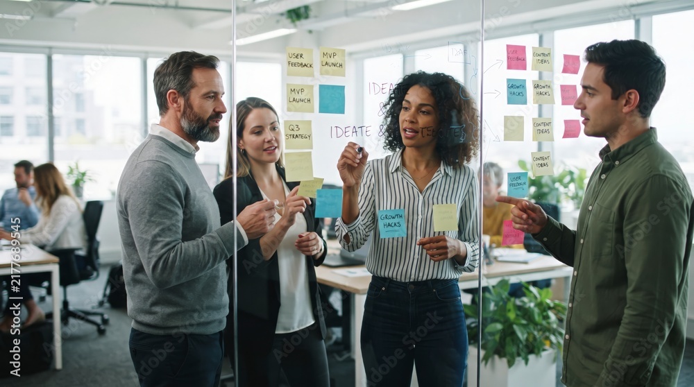 Obraz premium Diverse professionals collaborating in modern office while organizing startup inventory and teamwork planning