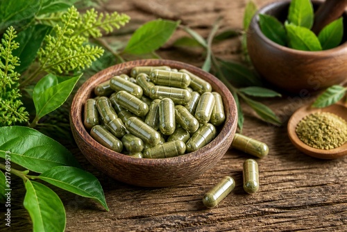 Herbal supplement capsules in wooden bowl on wooden surface