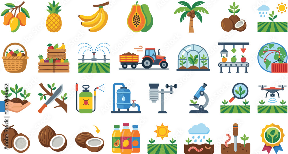 Fototapeta premium Tropical Fruit Farming Agriculture Cultivation Icons Set Mango Pineapple Banana Papaya Coconut Irrigation Tractor Drone Greenhouse Harvest Sorting Flat Vector