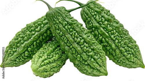 Konstfotografi Isolated fresh raw green bitter gourds healthy exotic vegetable close up studio