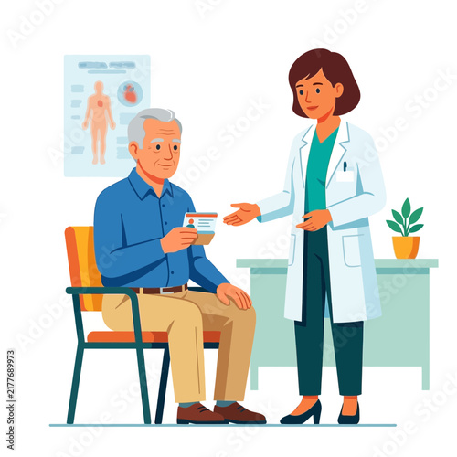 Doctor and patient interaction: elderly man showing ID card to female doctor in examination room